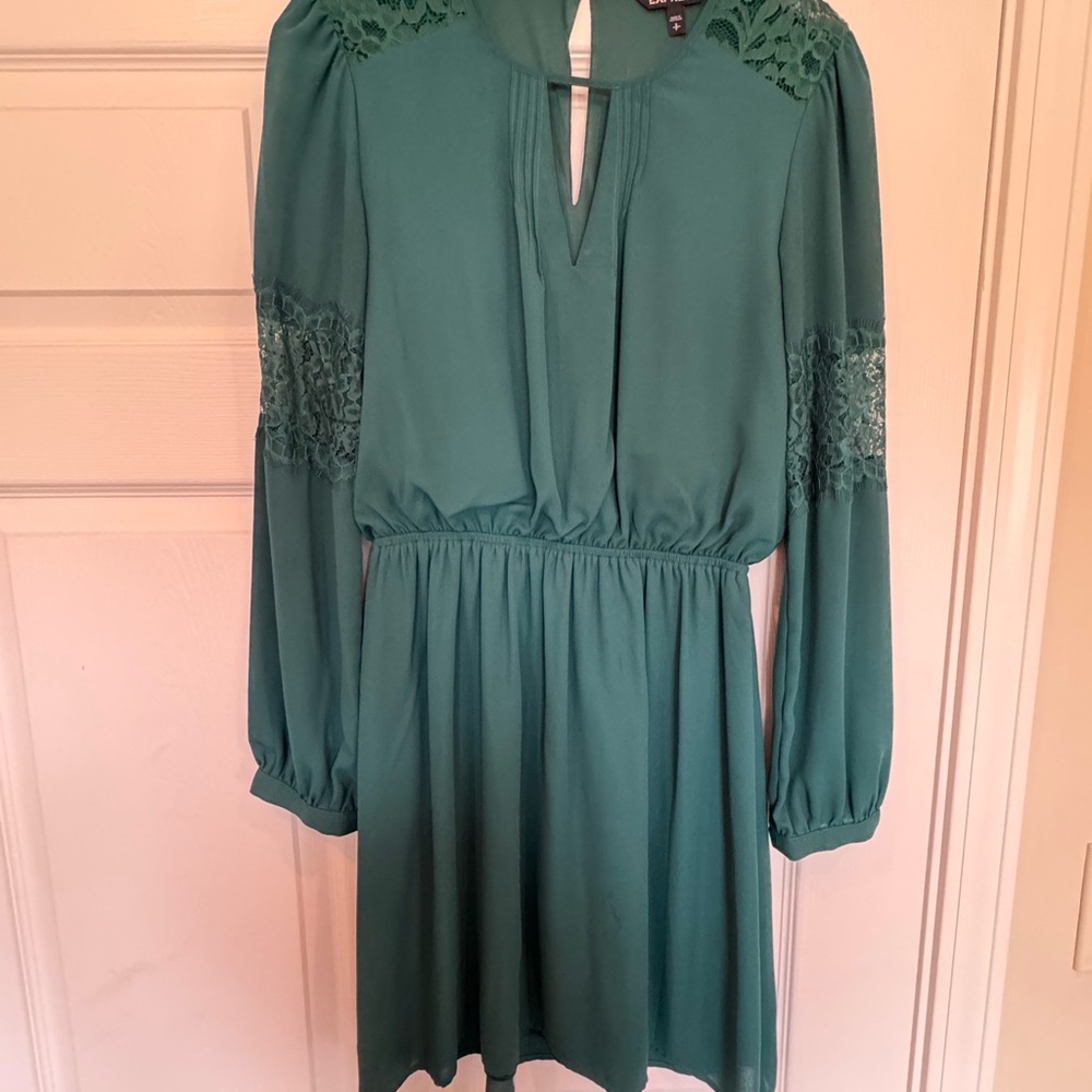 Teal Long Sleeve Dress with Lace Accents